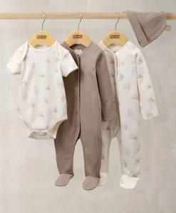 Bear Print All In Ones Bodysuit & Hat Set (4 Pieces)
