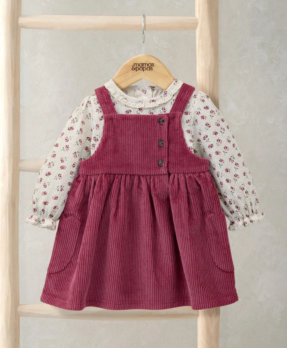 Cord Pinny Dress & Floral Bodysuit Set (2 Pieces)