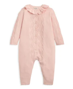 Diamond Stitch Knitted Romper with Frill Collar - Pink