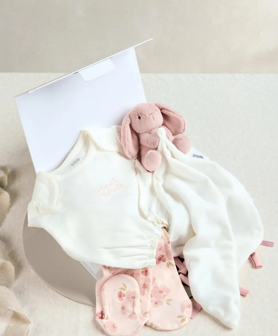 Embroidered Bodysuit & Floral Leggings Set (2 Pieces) & Pink Bunny Comforter Gift Box