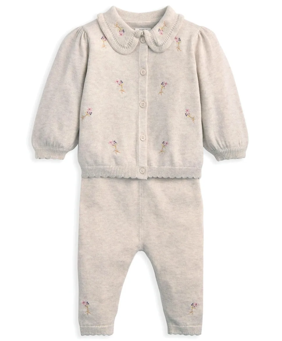Embroidered Cardigan & Leggings Set with Scallop Detail (2 Pieces)