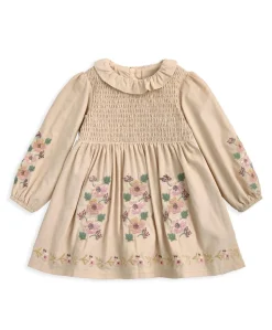 Embroidered Cord Dress with Frill Neck & Smocked Yoke