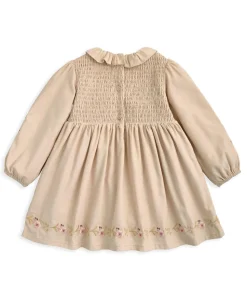 Embroidered Cord Dress with Frill Neck & Smocked Yoke