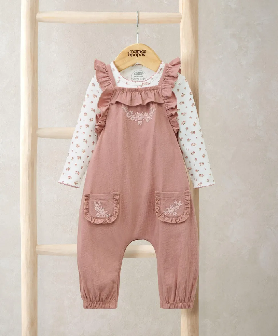 Embroidered Dungarees & Bodysuit Set (2 Pieces) - Pink