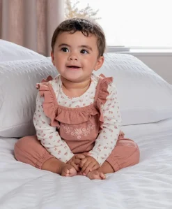 Embroidered Dungarees & Bodysuit Set (2 Pieces) - Pink