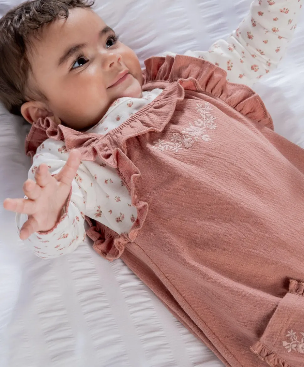 Embroidered Dungarees & Bodysuit Set (2 Pieces) - Pink