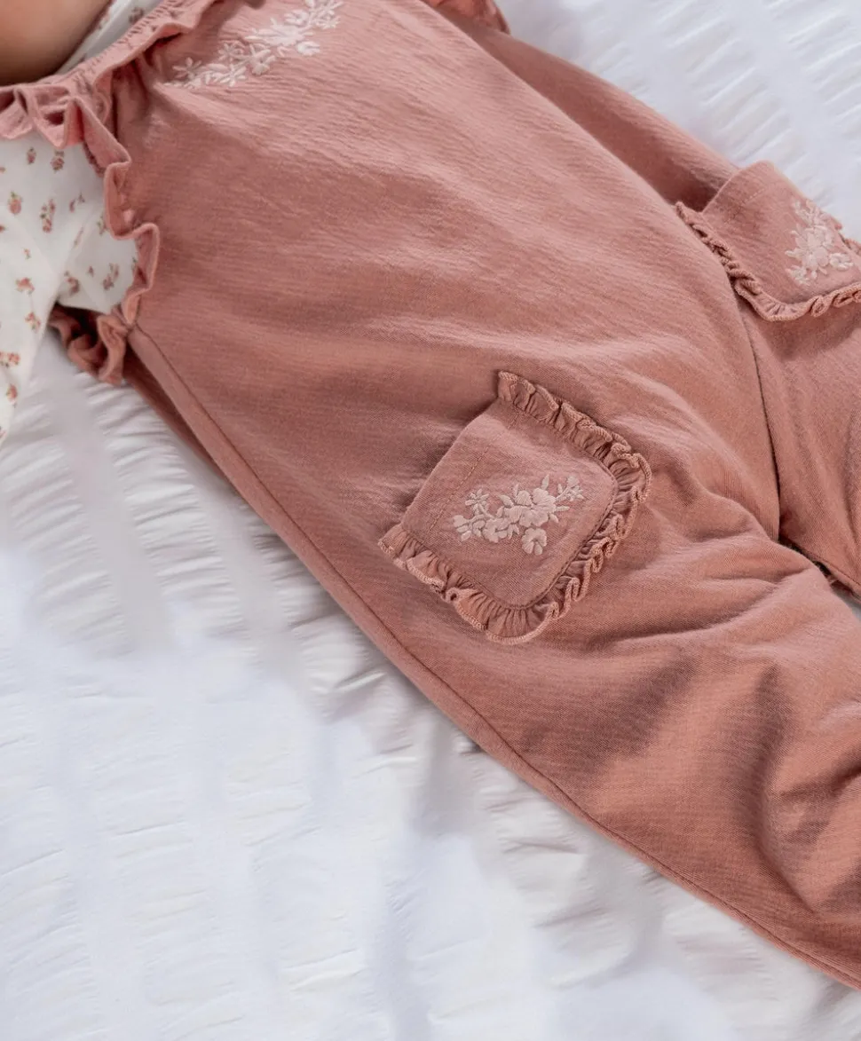 Embroidered Dungarees & Bodysuit Set (2 Pieces) - Pink