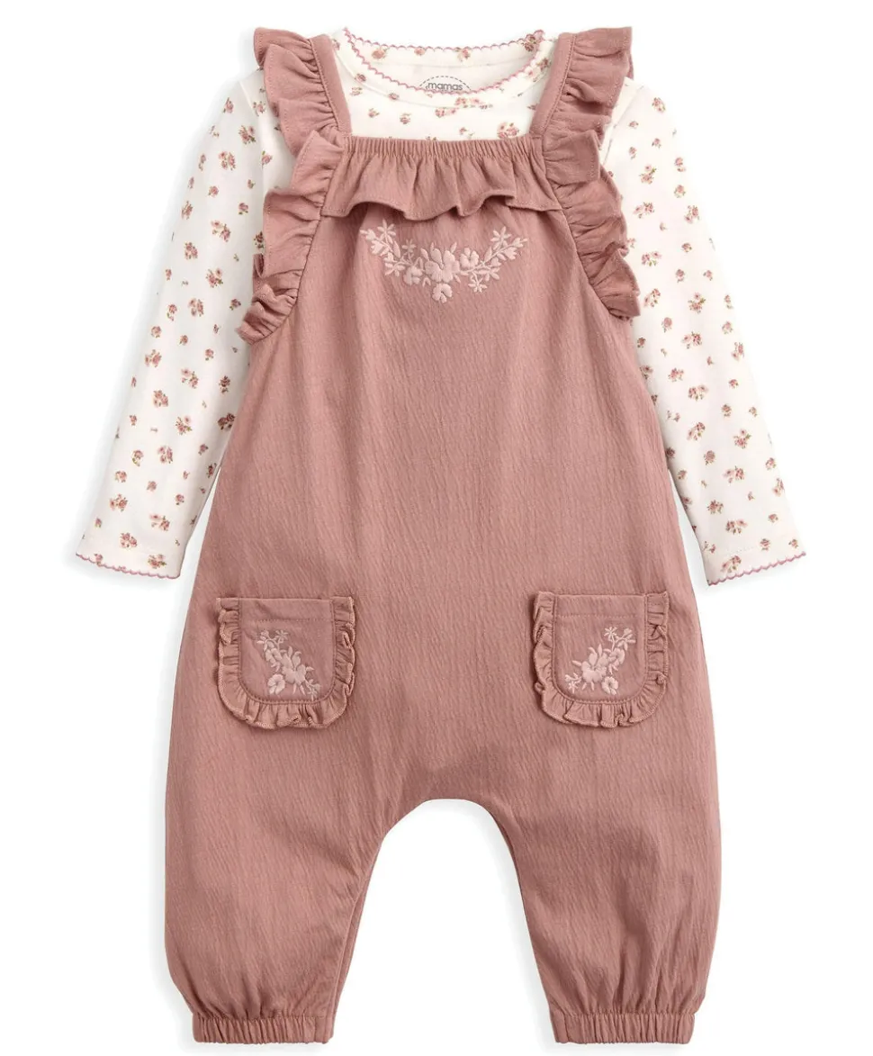 Embroidered Dungarees & Bodysuit Set (2 Pieces) - Pink