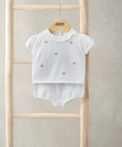 Embroidered Knit Top & Shorts Set (2 Pieces) - White