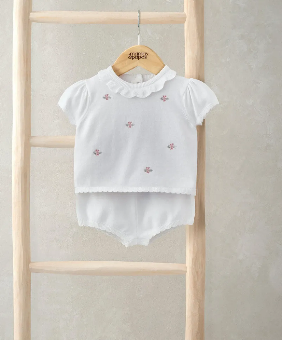Embroidered Knit Top & Shorts Set (2 Pieces) - White