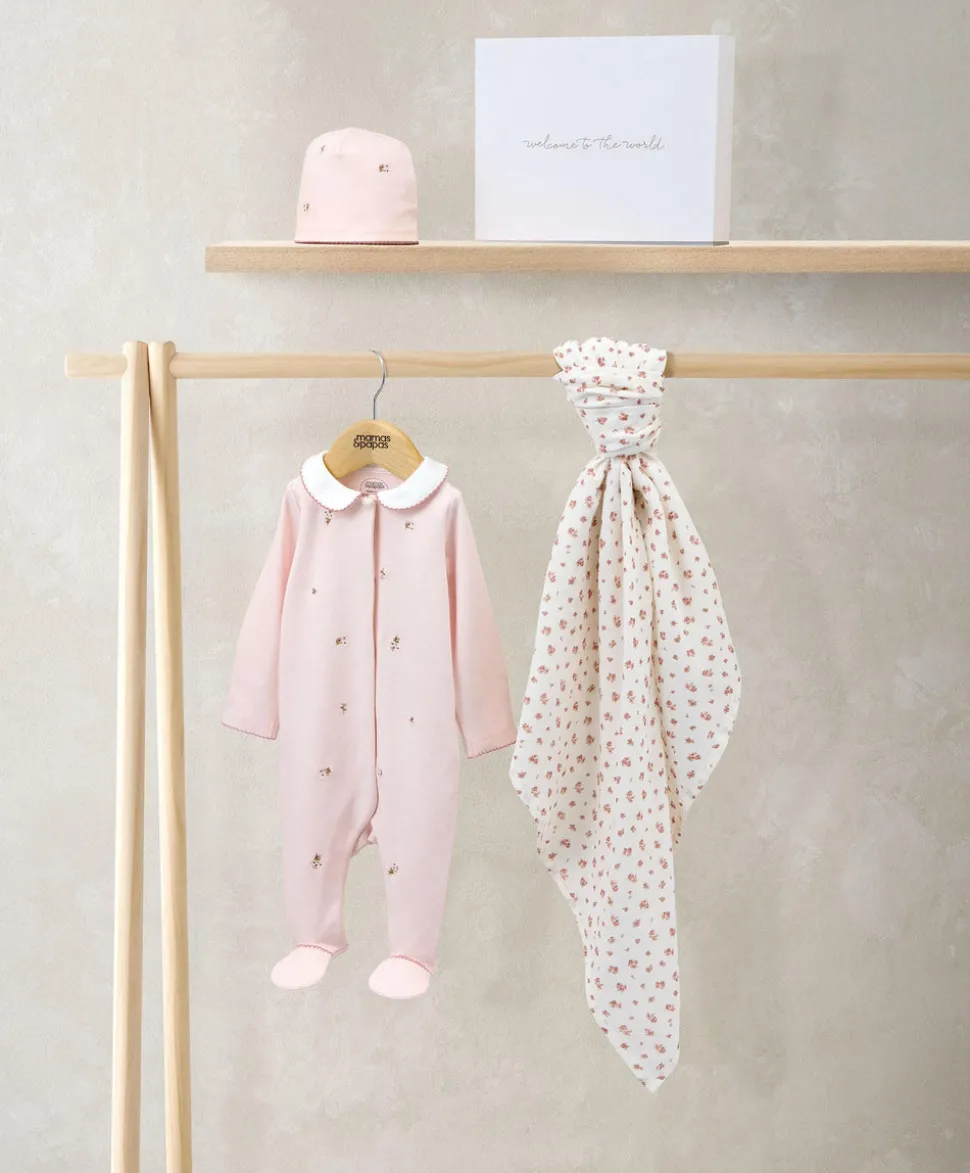 Embroidered Romper Hat & Blanket Set (3 Pieces) - Pink