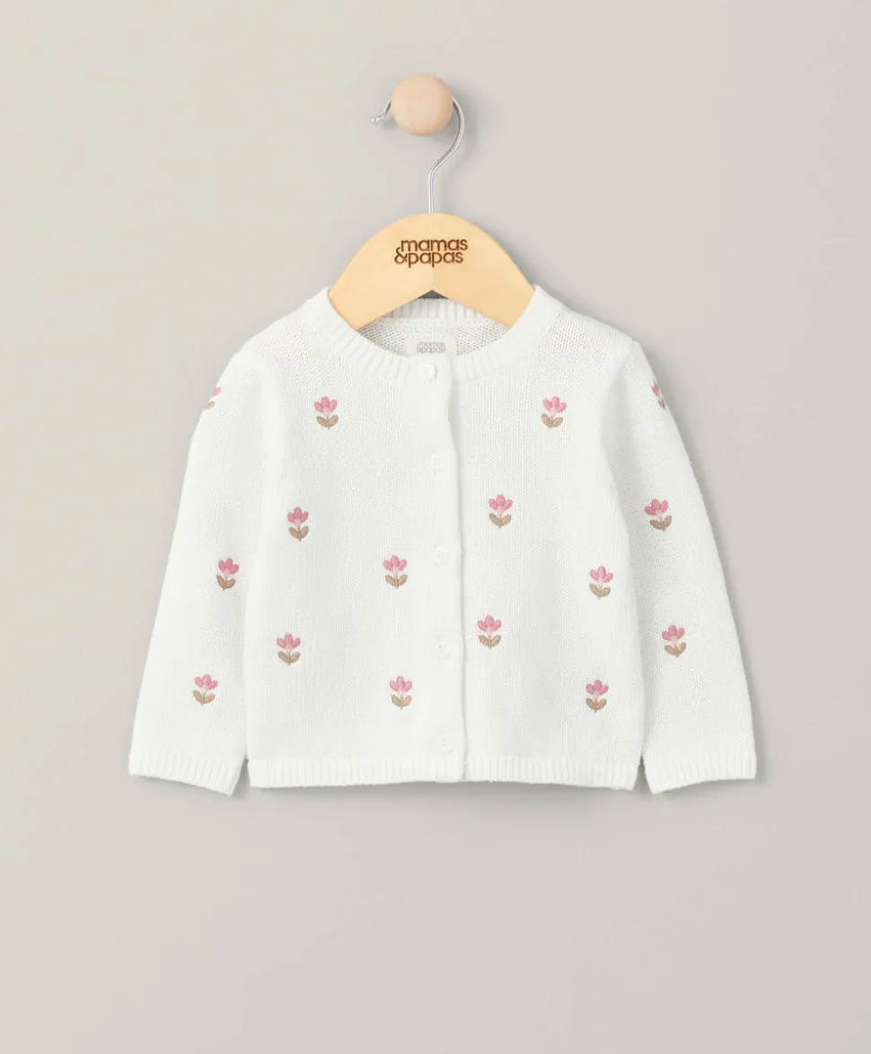 Floral Embroidered Knit Cardigan - White
