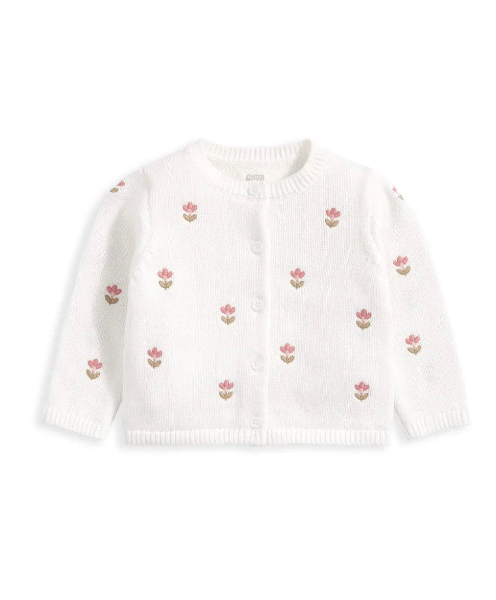 Floral Embroidered Knit Cardigan - White