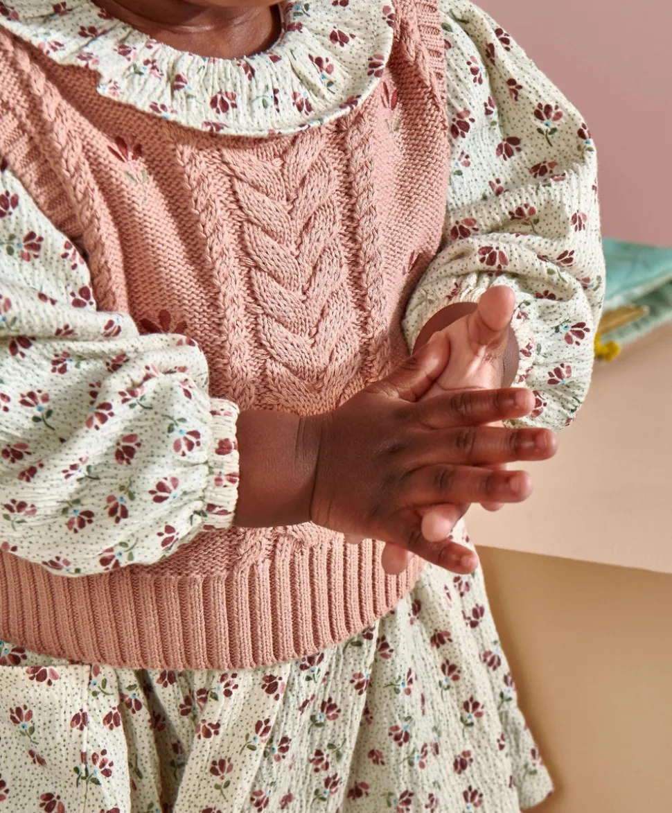 Floral Frill Collar Dress & Embroidered Knit Vest Set (2 Pieces)