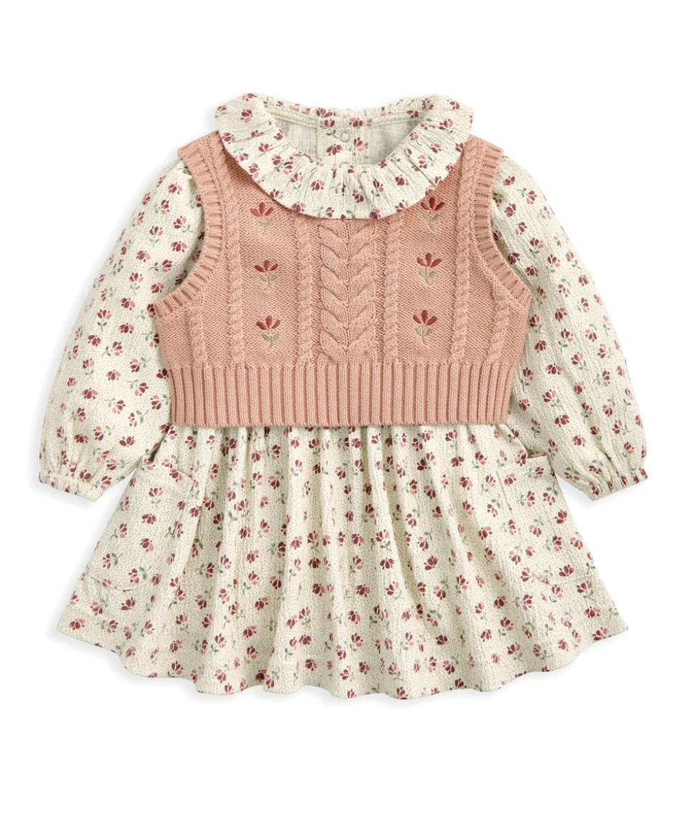 Floral Frill Collar Dress & Embroidered Knit Vest Set (2 Pieces)