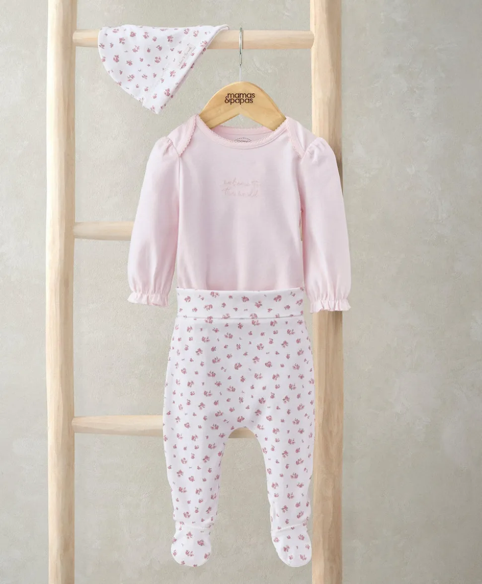 Frill Cuff Bodysuit, Leggings & Hat Set (3 Pieces) - Ditsy Rose Print