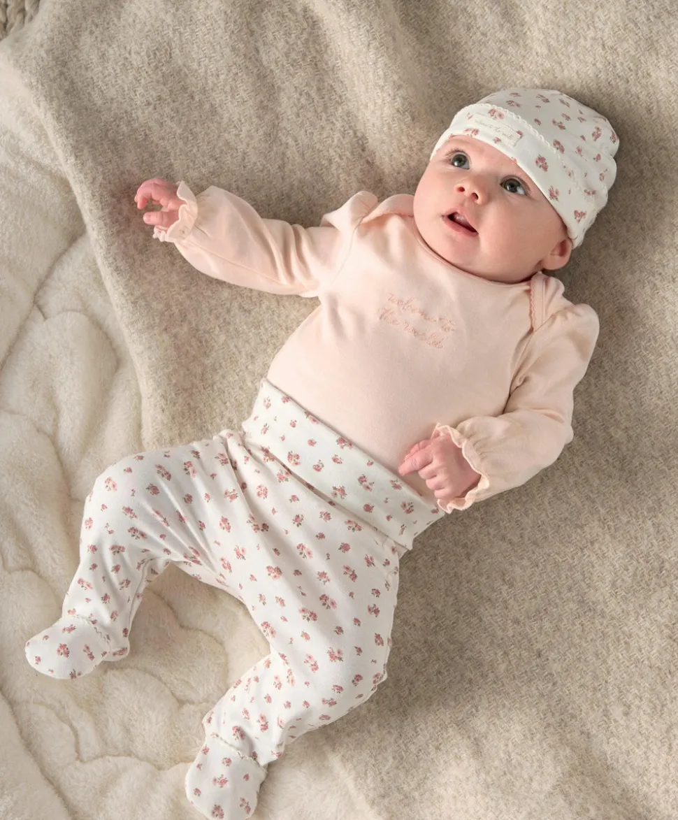 Frill Cuff Bodysuit, Leggings & Hat Set (3 Pieces) - Ditsy Rose Print