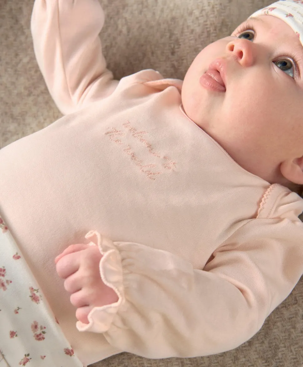 Frill Cuff Bodysuit, Leggings & Hat Set (3 Pieces) - Ditsy Rose Print