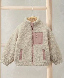 Funnel Neck Borg Jacket with Chest Pocket - Cream