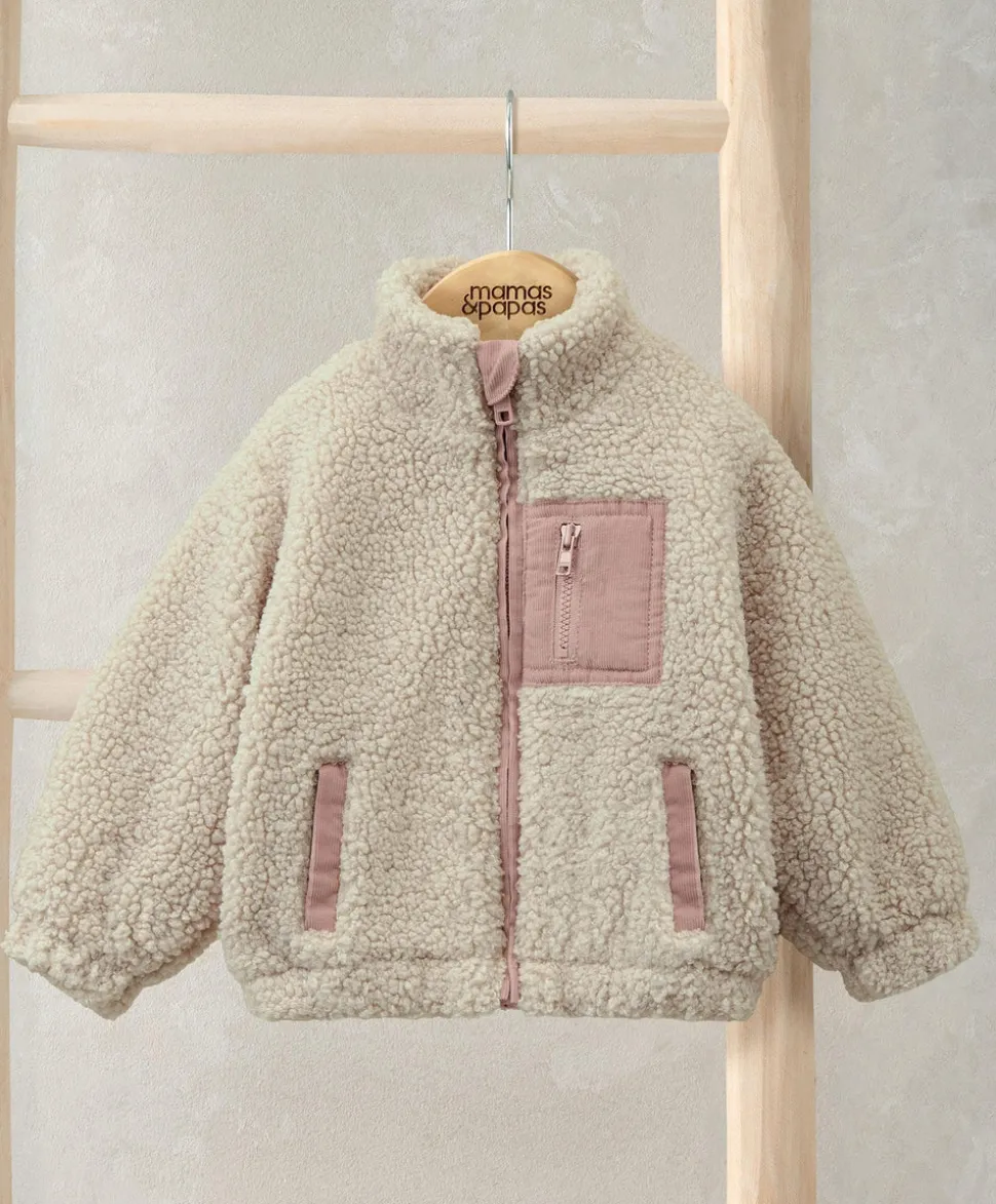 Funnel Neck Borg Jacket with Chest Pocket - Cream