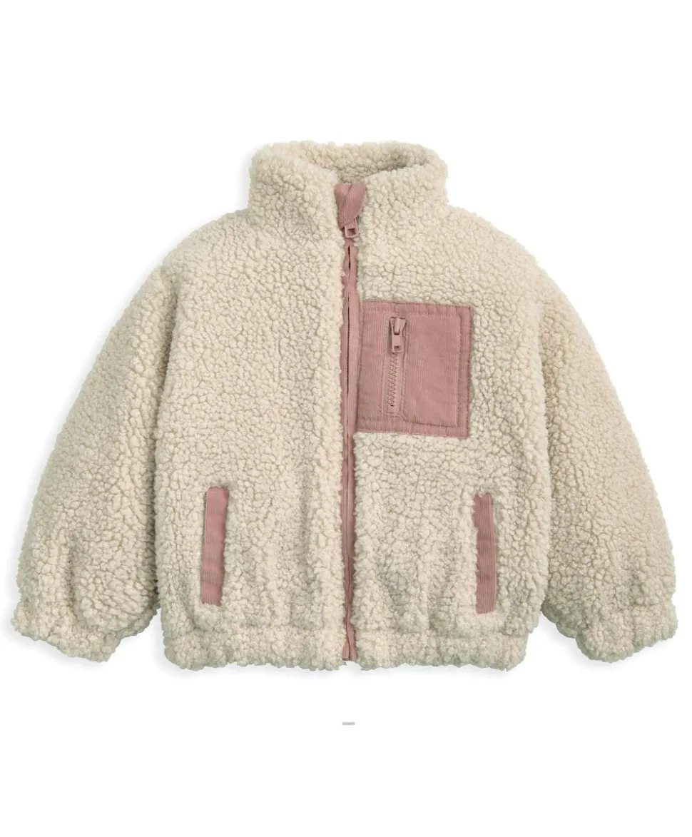 Funnel Neck Borg Jacket with Chest Pocket - Cream