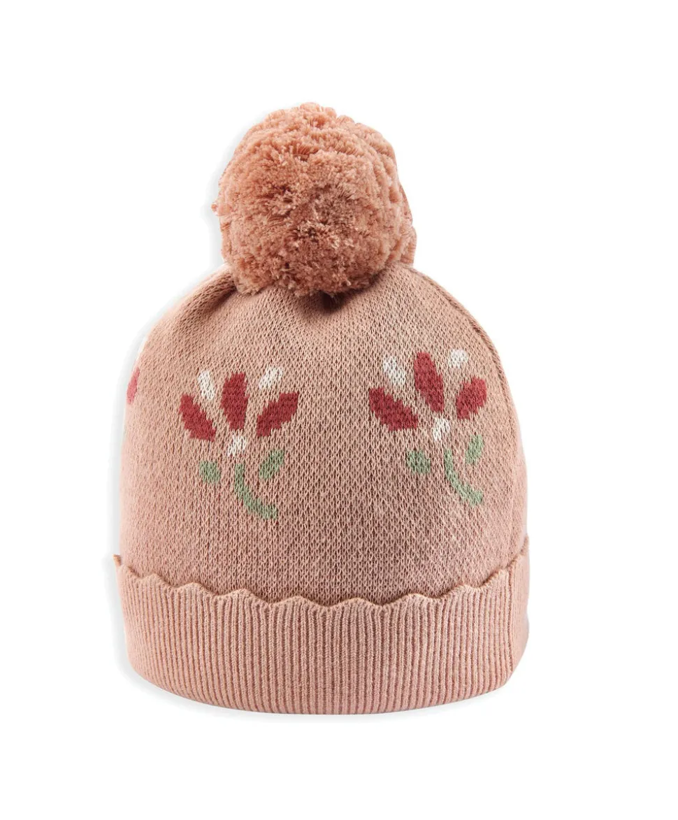 Jacquard Floral Knit Hat & Pom Pom