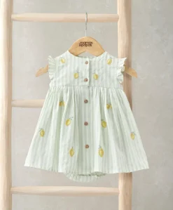 Lemon Embroidered Stripe Dress With Frill Sleeves
