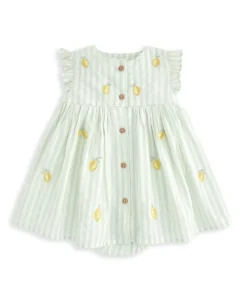 Lemon Embroidered Stripe Dress With Frill Sleeves