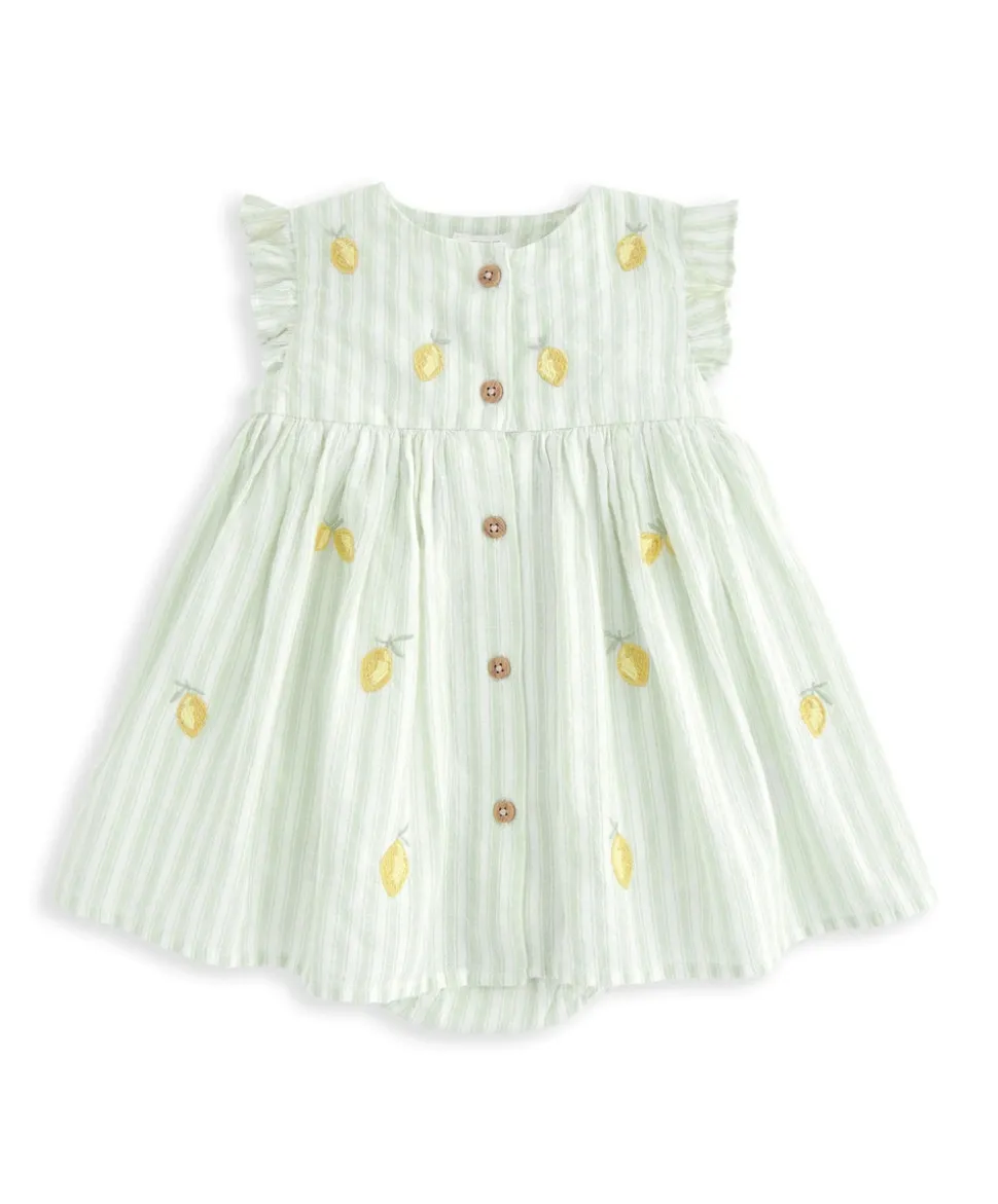 Lemon Embroidered Stripe Dress With Frill Sleeves
