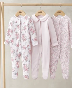 Long Sleeve Sleepsuits (Pack of 3) - Watercolour & Ditsy Floral
