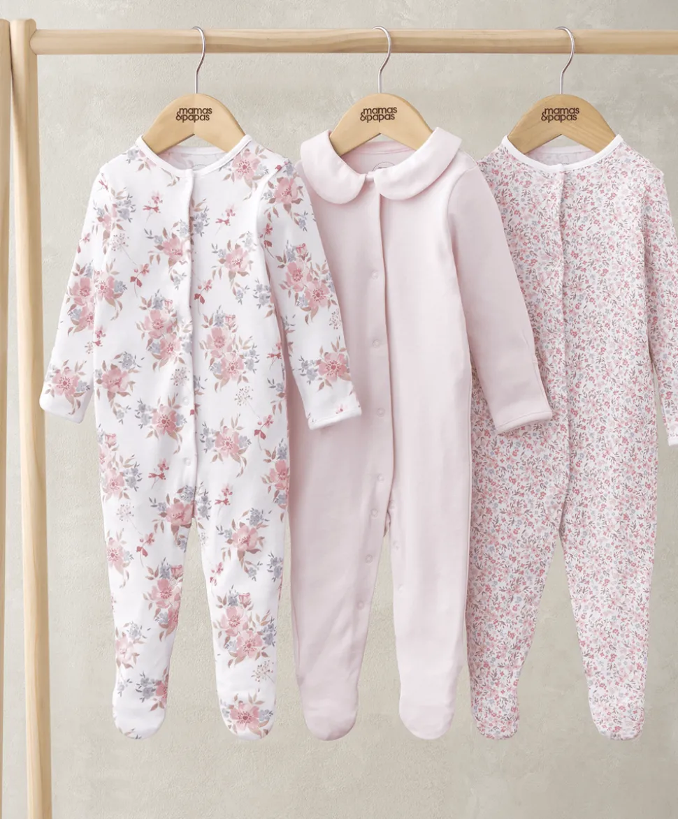 Long Sleeve Sleepsuits (Pack of 3) - Watercolour & Ditsy Floral
