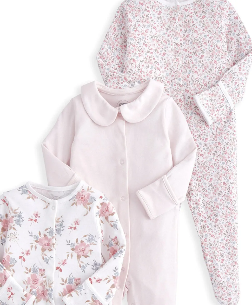 Long Sleeve Sleepsuits (Pack of 3) - Watercolour & Ditsy Floral