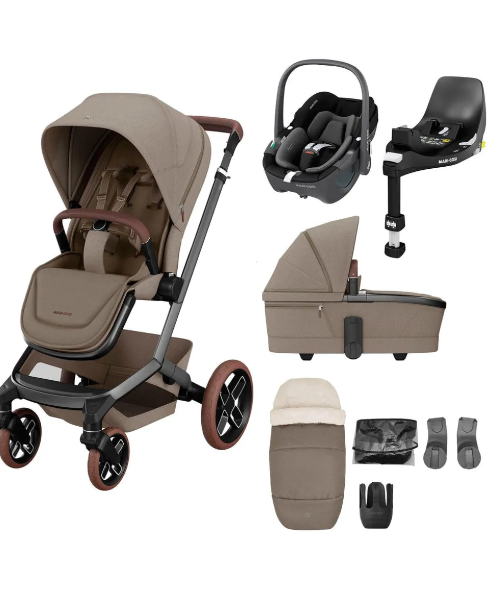 Maxi Cosi Fame Pushchair Bundle with Pebble 360 Car Seat (6 Pieces) - Truffle with Brown Wheels