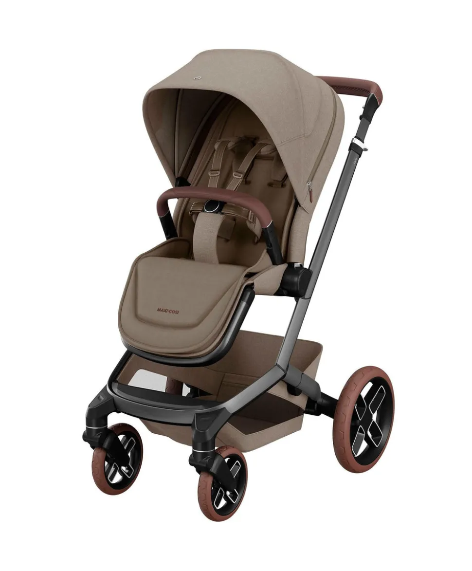 Maxi Cosi Fame Pushchair Bundle with Pebble 360 Car Seat (6 Pieces) - Truffle with Brown Wheels