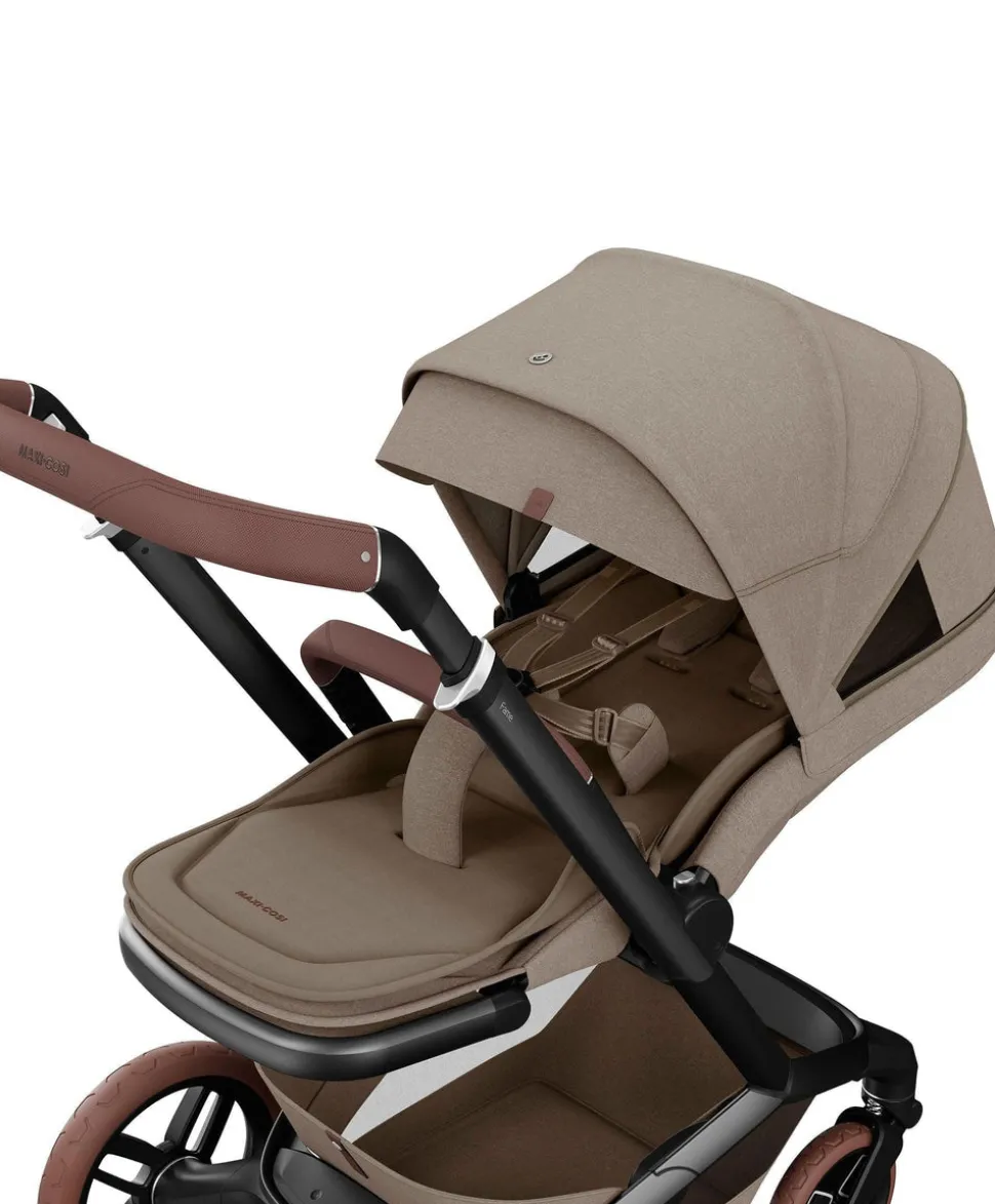 Maxi Cosi Fame Pushchair Bundle with Pebble 360 Car Seat (6 Pieces) - Truffle with Brown Wheels