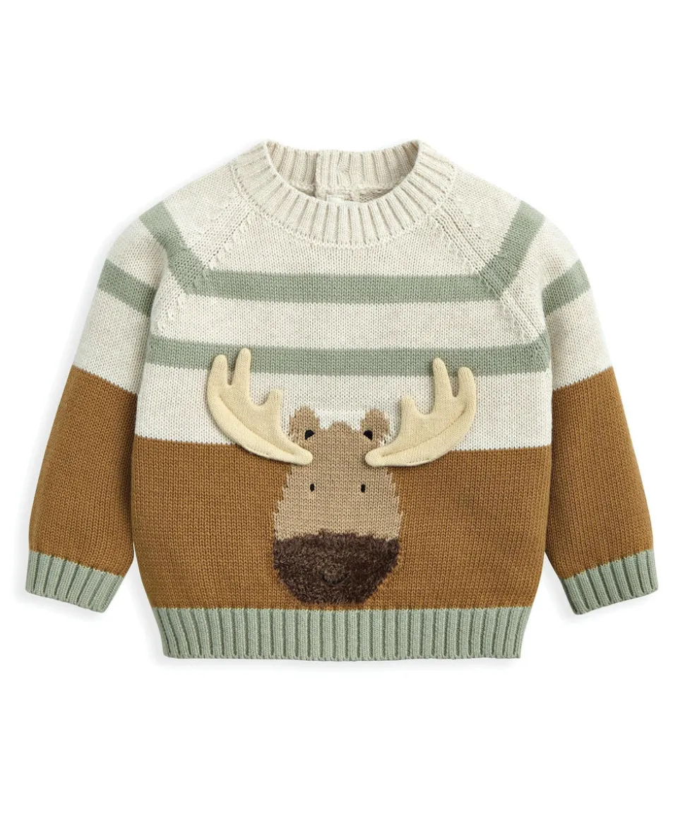 Moose Character Knit Jumper with 3D Antlers - Brown