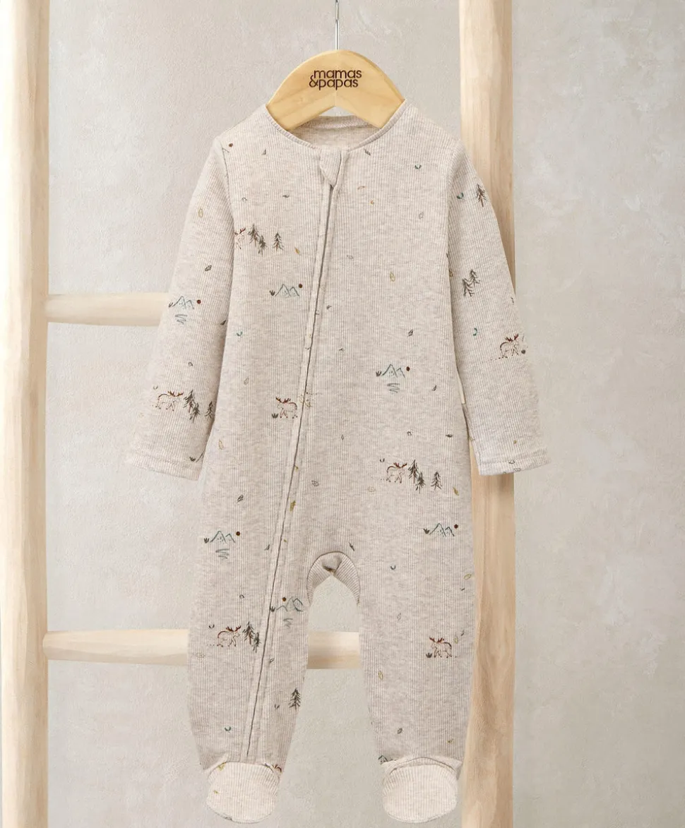 Moose Print Ribbed Jersey All In One - Cream