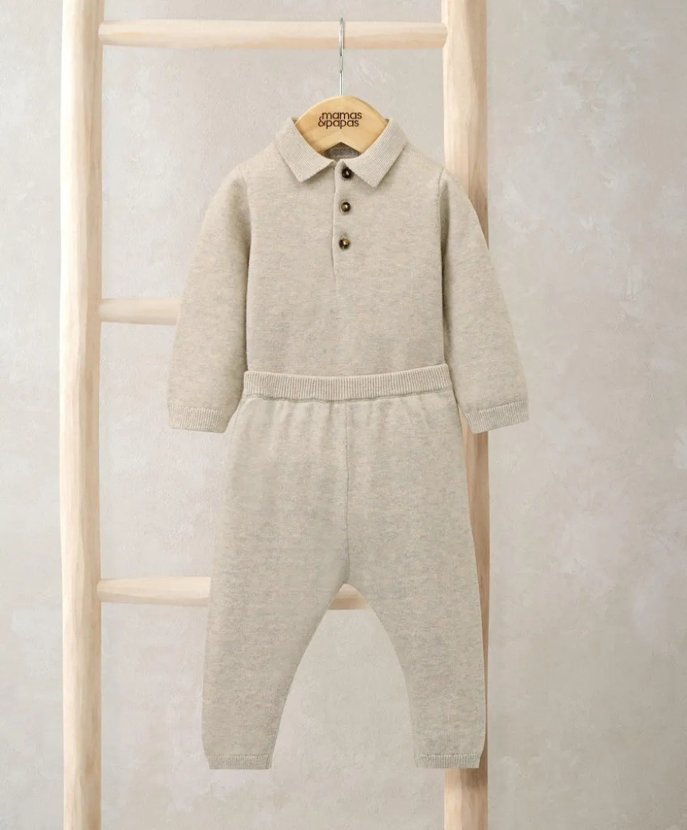 Oatmeal Knit Polo Bodysuit & Bottoms Set (2 Pieces)