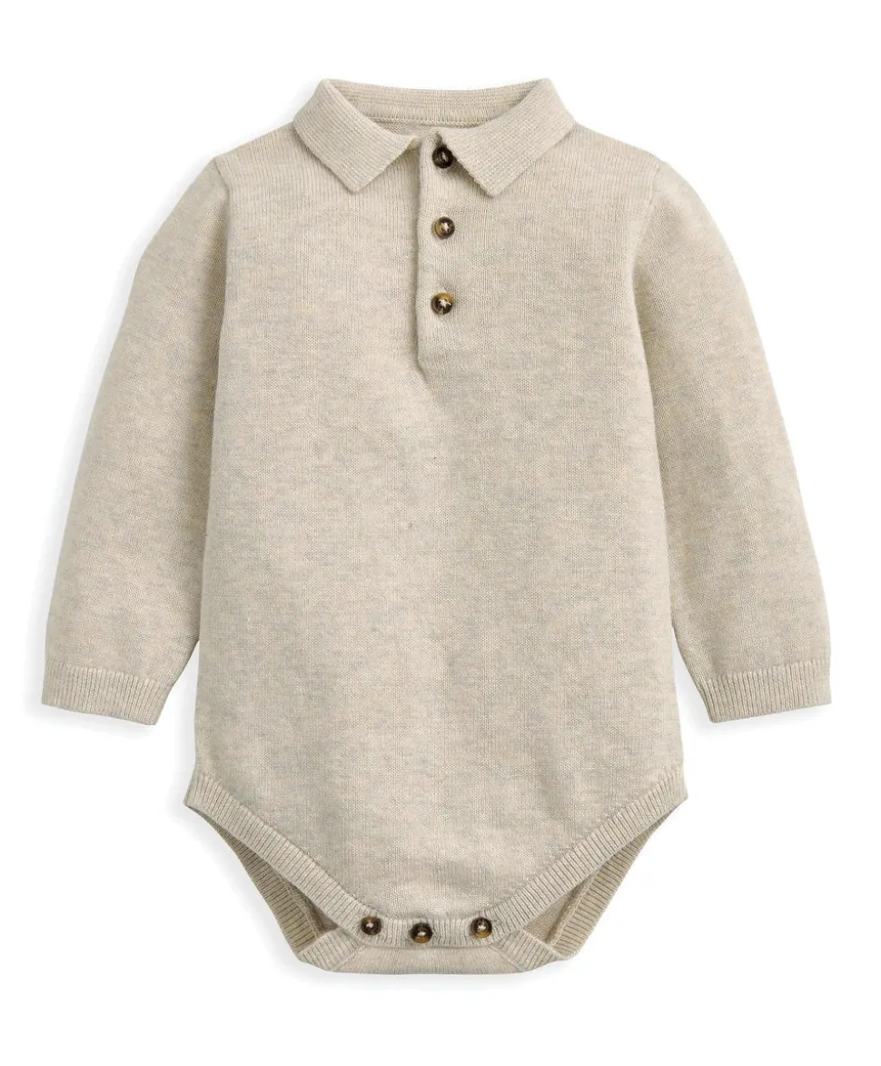 Oatmeal Knit Polo Bodysuit & Bottoms Set (2 Pieces)
