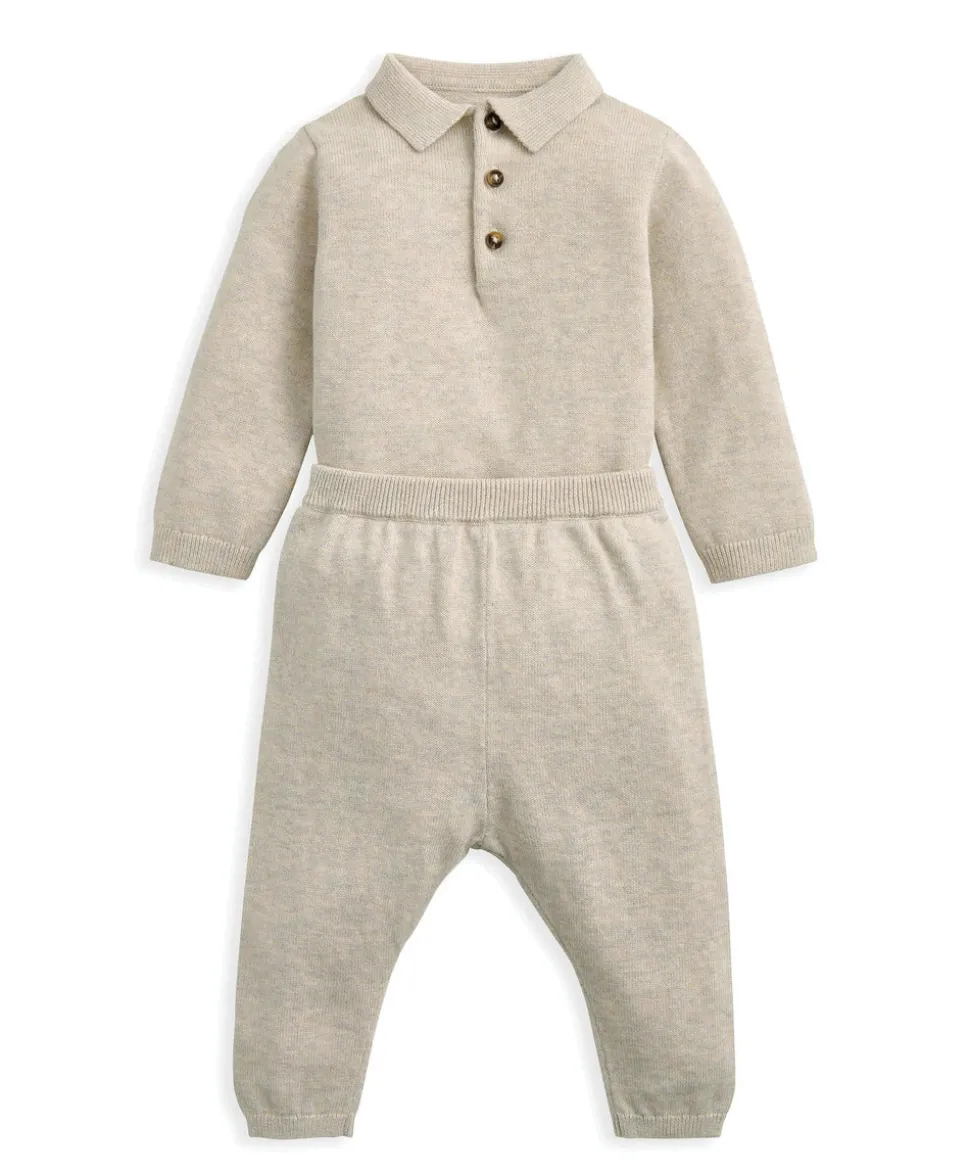 Oatmeal Knit Polo Bodysuit & Bottoms Set (2 Pieces)