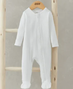Organic Cotton Ribbed Sleepsuit - White