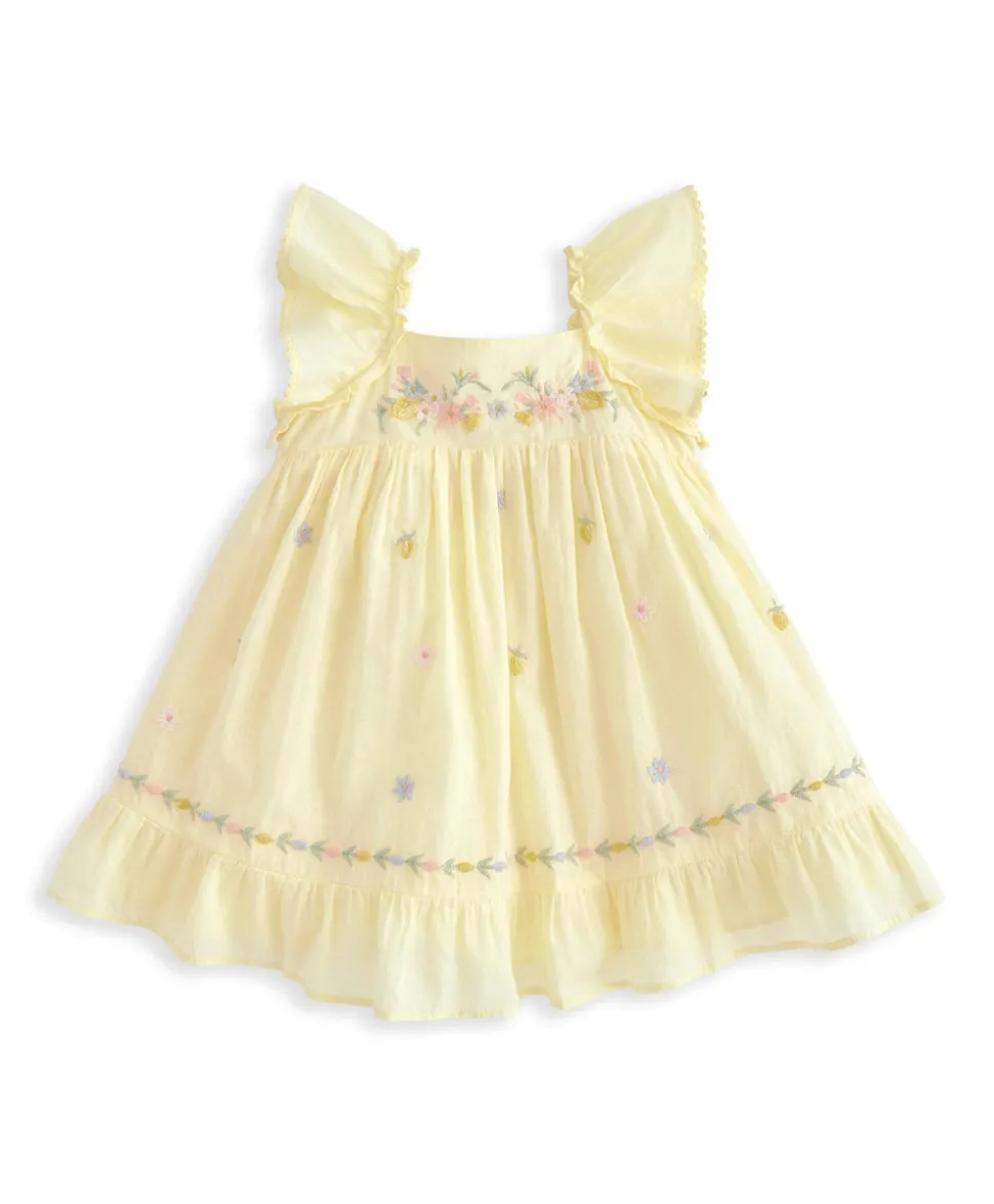 Peplum Frill Embroidered Dress - Yellow