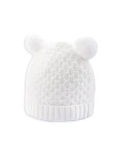 Rib Knit Hat & Pom Poms - White