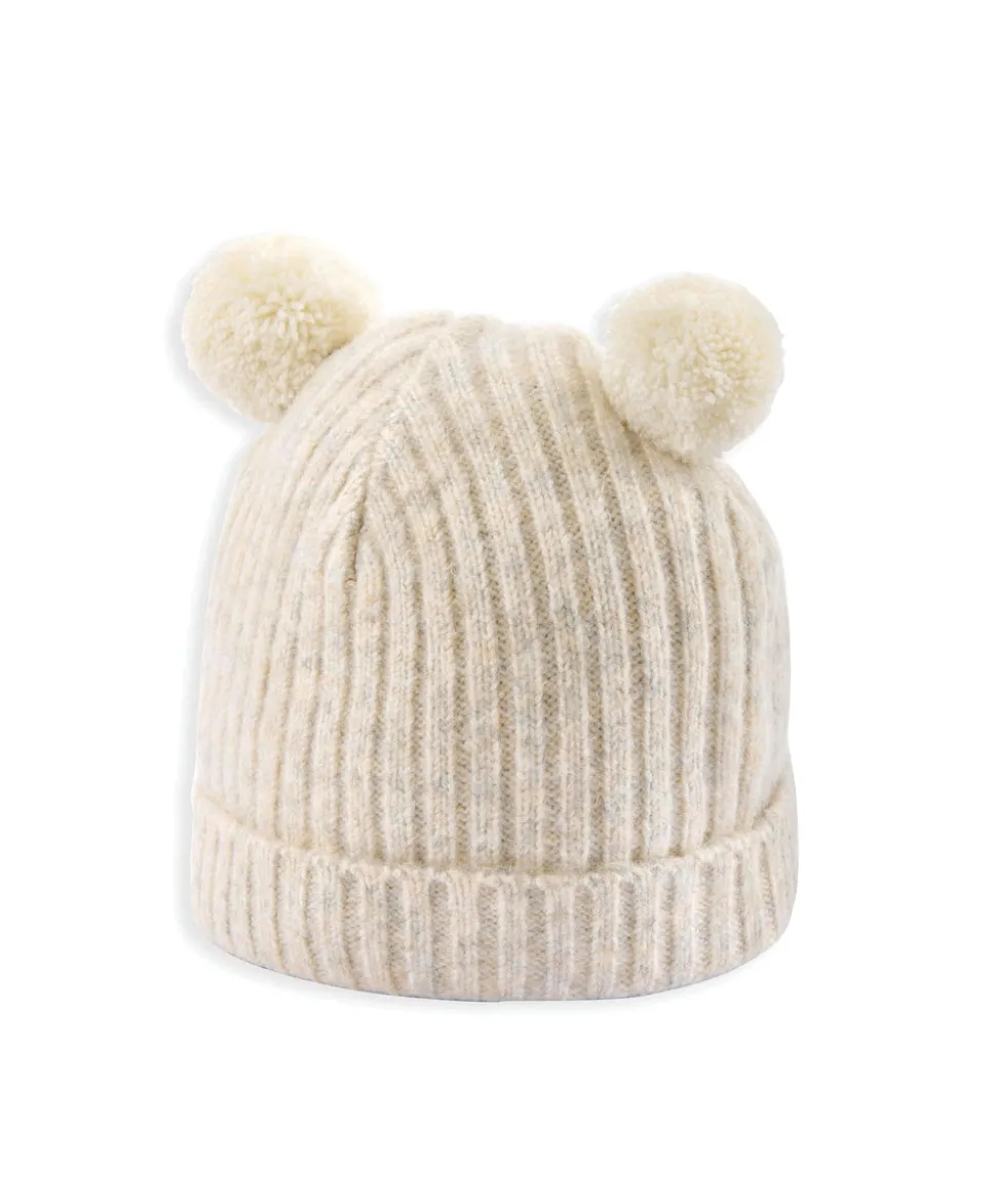 Rib Knit Hat with Pom Poms - Oatmeal