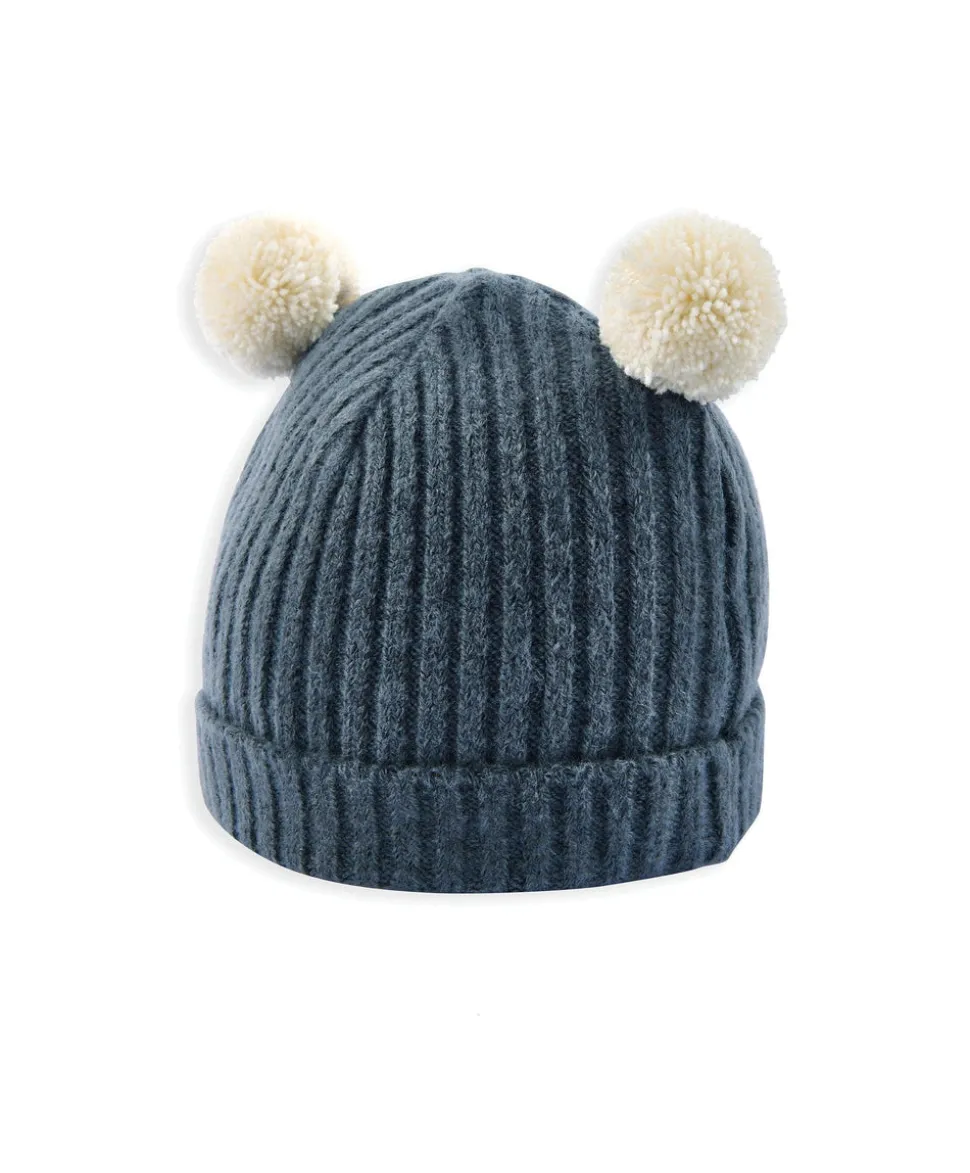 Rib Knit Hat with Pom Poms - Blue