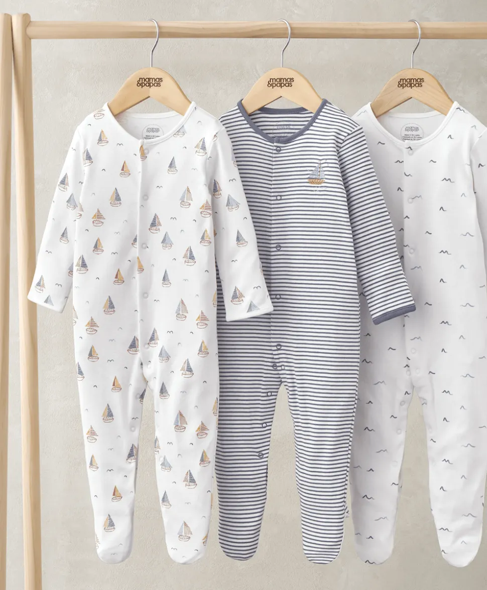 Sleepsuits (Pack of 3) - Boat, Water and Stripe Print
