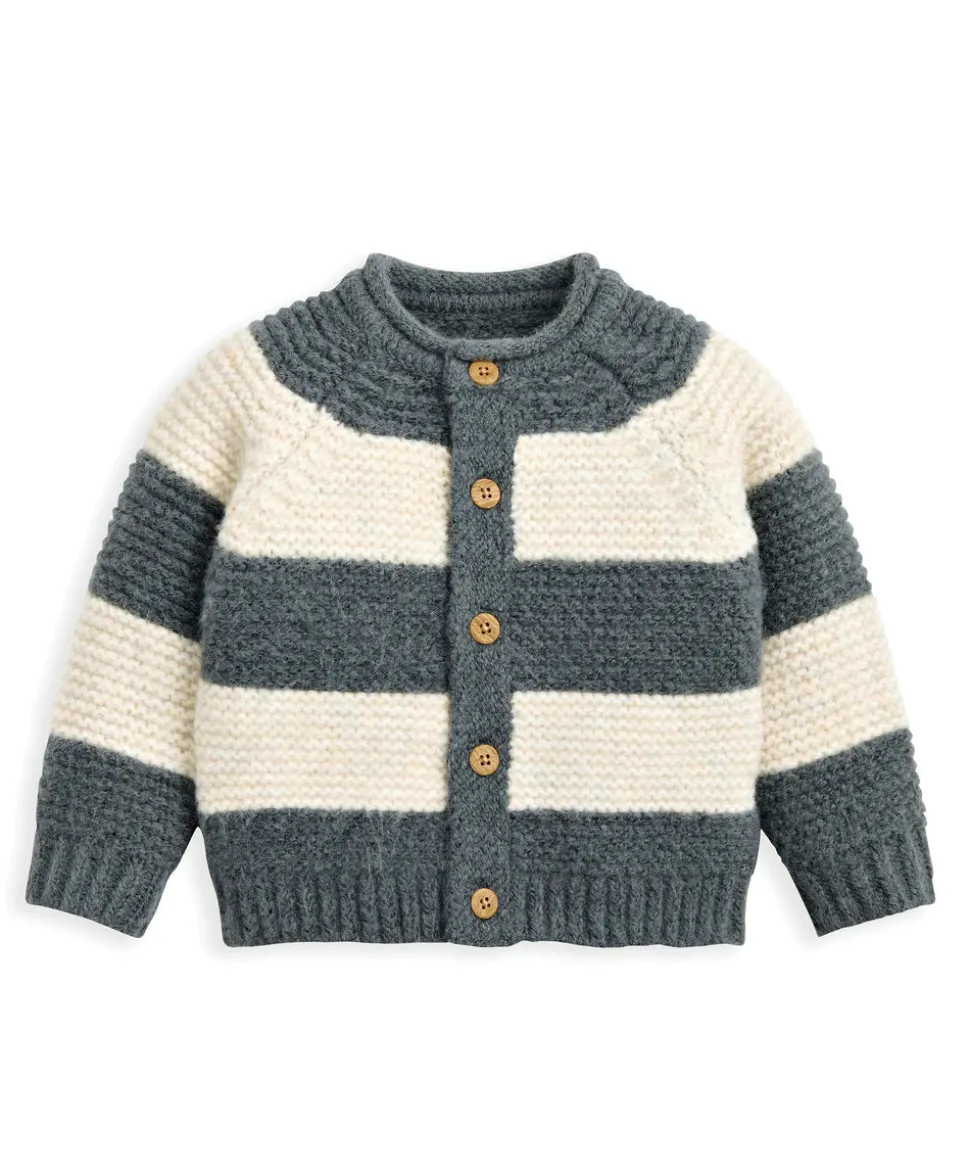 Striped Knit Cardigan with Raglan Sleeves - Blue