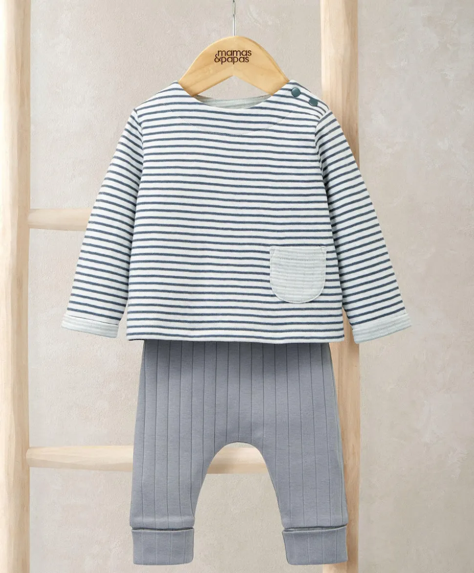 Striped Top & Rib Leggings Set (2 Pieces) - Blue