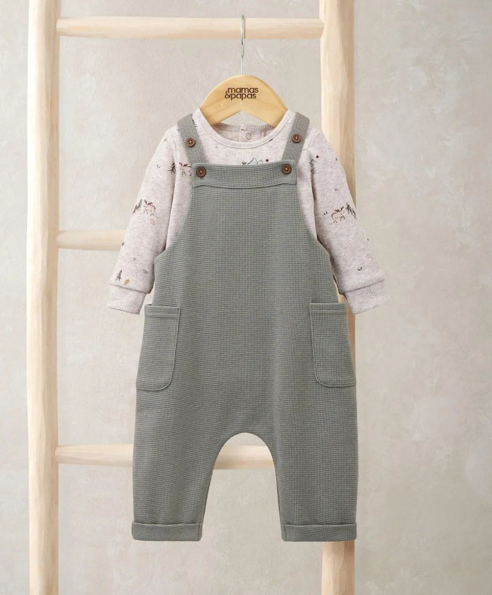 Waffle Dungarees & Moose Print Bodysuit Set (2 Pieces)