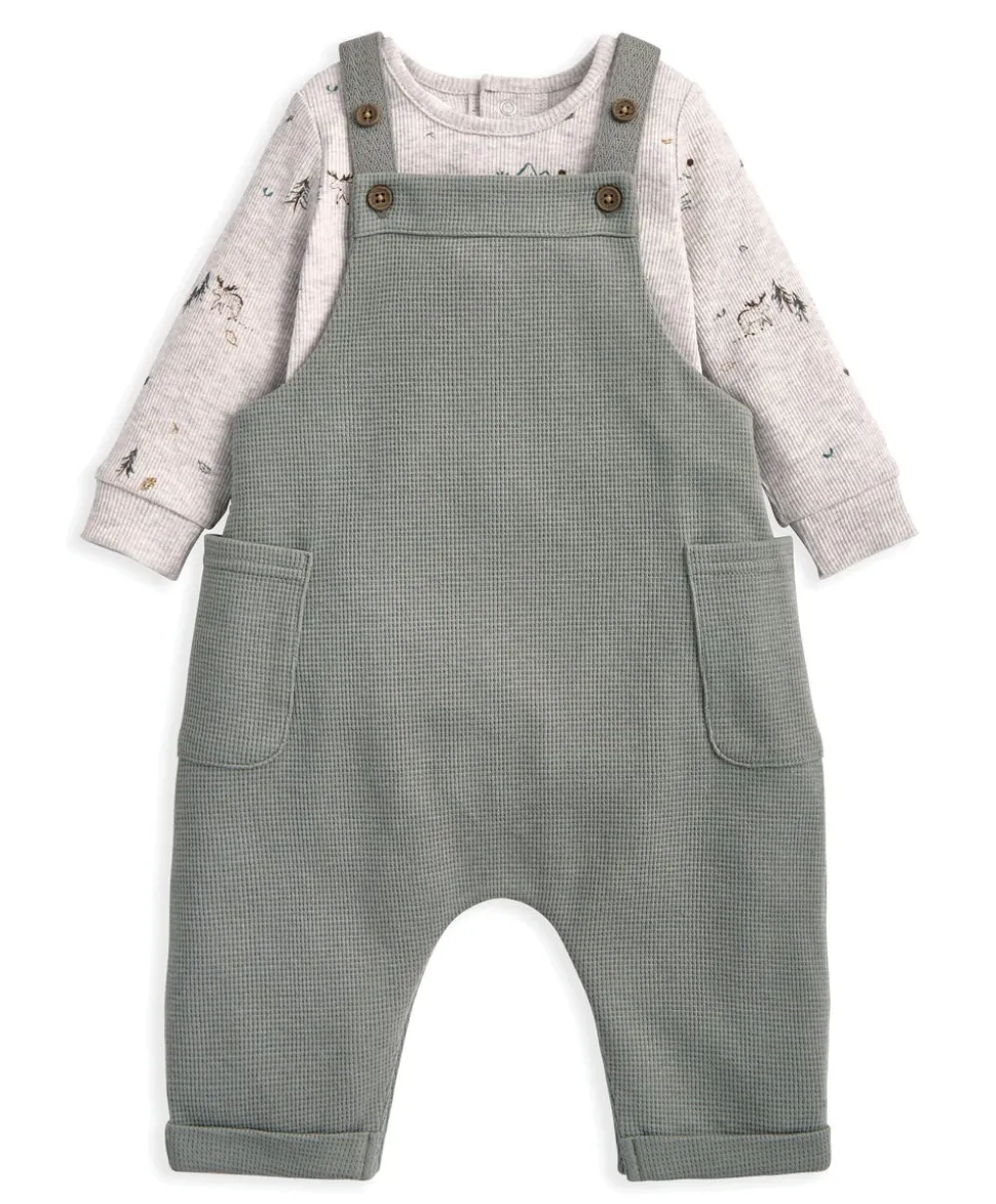 Waffle Dungarees & Moose Print Bodysuit Set (2 Pieces)